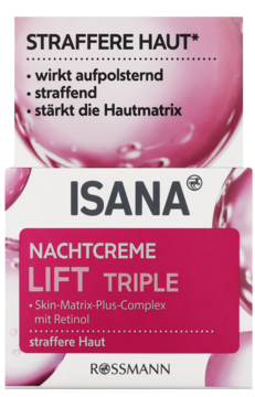 Isana Nachtcreme Lift Triple, białe pudełko z różową etykietą 'STRAFFERE HAUT' i Retinolem, widok z przodu.