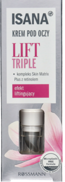 Isana Krem pod oczy Lift Triple z retinolem w szarym pudełku, widok z przodu, z różową grafiką kwiatową.