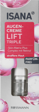 Isana Augen Creme Lift Triple, szare opakowanie z różową etykietą, Retinol, Parfüm-frei. Widok z przodu.