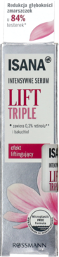 Isana Intensywne Serum Lift Triple z retinolem, srebrne pudełko z różowym kwiatem, redukcja zmarszczek.