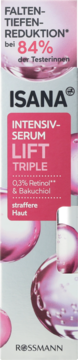 Front opakowania ISANA Intensiv-Serum Lift Triple, biało-różowe, redukcja zmarszczek 84%, 0,3% Retinol i Bakuchiol.