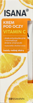 Isana Krem pod oczy Vitamin C, białe opakowanie z pomarańczową grafiką, widok z przodu, częściowo widoczna tubka.