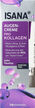 Isana Augen-Creme Pro Kollagen, fioletowo-białe pudełko z napisem 'Pro Kollagen', bezzapachowy krem pod oczy.