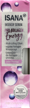 ISANA Intensiv Serum Pro-Kollagen Energy, różowo-białe opakowanie, widok z przodu, z hasłami o liftingu i wegańskim kolagenie.