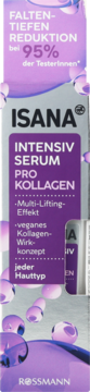Liftingujące serum ISANA Pro Kollagen w fioletowym opakowaniu, przód z hasłami o redukcji zmarszczek i multi-liftingu.