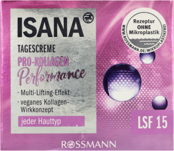 ISANA Pro-Kollagen Performance, liftingujący krem na dzień LSF 15 w szaro-różowym pudełku, widok przodem.