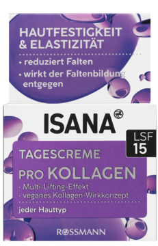 Isana Pro-Kollagen Tagescreme SPF15, biały słoik z fioletową etykietą, liftingujący, redukuje zmarszczki.