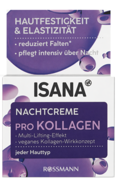 Isana Pro Kollagen nocny krem do twarzy, biały słoiczek z fioletową etykietą, widok z przodu. Multi-lifting, każdy typ skóry.