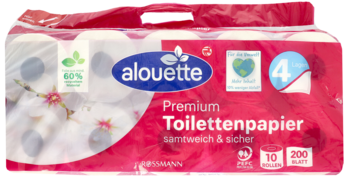 Zgrzewka 10 rolek Alouette Premium papieru toaletowego 4-warstwowego, w czerwonej folii, z przodu.