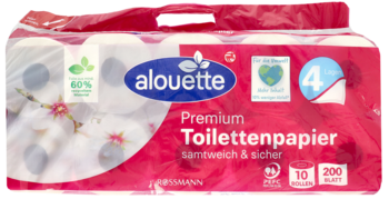 Zgrzewka 10 rolek Alouette Premium papieru toaletowego 4-warstwowego, w czerwonej folii, z przodu.