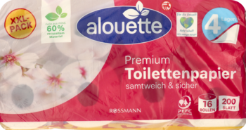 Alouette papier toaletowy 4-warstwowy, 16 rolek, 200 listków, opakowanie z czerwonym motywem kwiatowym.
