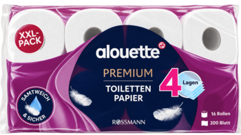 Papier toaletowy Alouette Premium, 16 rolek, 4-warstwowy, w fioletowym opakowaniu, widok z przodu.