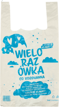 Beżowa torba wielorazowa Rossmann z niebieskim napisem 'WIELO RAZ ÓWKA' i info o recyklingu, widok z przodu.