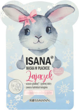 ISANA Maska w Płachcie Zajączek z kolagenem, limitowana. Opakowanie w kształcie króliczka ze śnieżynkami.