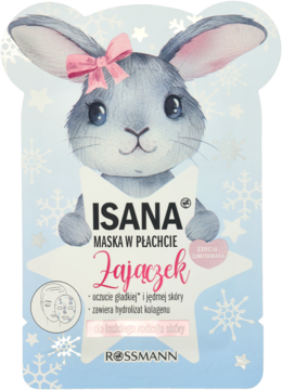 ISANA Maska w Płachcie Zajączek z kolagenem, limitowana. Opakowanie w kształcie króliczka ze śnieżynkami.