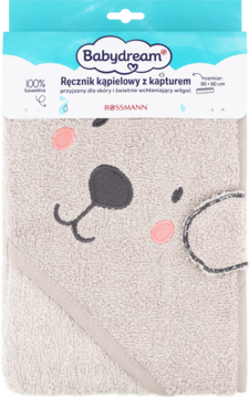 Miękki, beżowy ręcznik kąpielowy z kapturem Babydream, z haftem misia, w opakowaniu, widok z przodu.