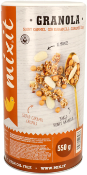 MIXIT,granola z karmelowymi chrupkami i orzechami,przód