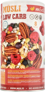 Biała puszka Mixit Müsli Low Carb z malinami i orzechami pekan, widok z przodu, napis Extra Protein.