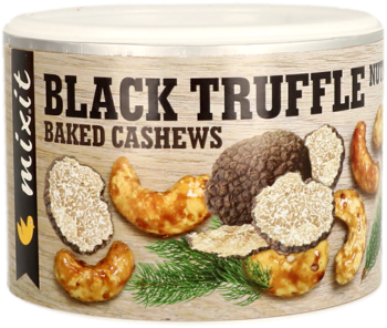 Cylindrical can of Mixit Black Truffle Baked Cashews with product images on a rustic wood-textured label.