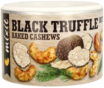 Cylindrical can of Mixit Black Truffle Baked Cashews with product images on a rustic wood-textured label.