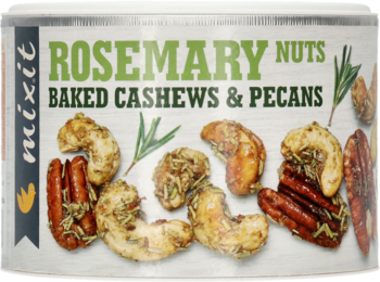 Biała puszka Mixit Rosemary Nuts Baked Cashews & Pecans, widok z przodu. Etykieta z zielonym napisem i obrazem orzechów z ziołami.