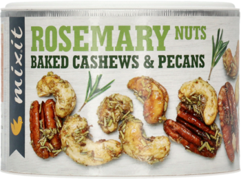 Biała puszka Mixit Rosemary Nuts Baked Cashews & Pecans, widok z przodu. Etykieta z zielonym napisem i obrazem orzechów z ziołami.