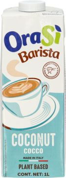 OraSi Barista Coconut Cocco, napój roślinny, biały karton 1L z grafiką kawy, napis PLANT BASED, widok z przodu.