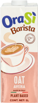 Kartoni napój roślinny OraSi Barista Oat Avena 1L, biało-beżowy, z grafiką kawy latte; front.