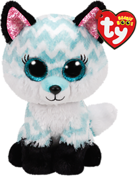 Maskotka Aqua Chevron Fox, biało-niebieski wzór zygzak, duże brokatowe oczy, czarne uszy i łapy. Widok z przodu.