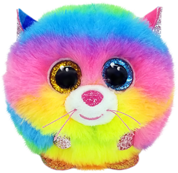 Maskotka Rainbow Cat, pluszowa tęczowa kulka z dużymi, brokatowymi oczami i wąsami, widok z przodu.