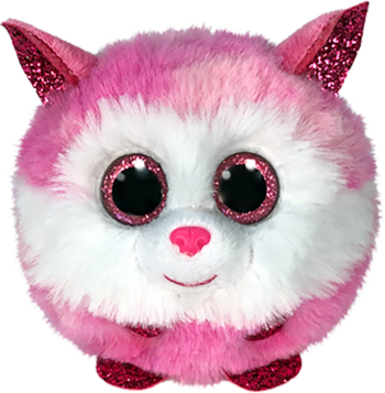 Maskotka Pink Husky, okrągła, różowo-biała z brokatowymi uszami i dużymi oczami, widok z przodu.