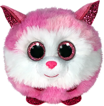 Maskotka Pink Husky, okrągła, różowo-biała z brokatowymi uszami i dużymi oczami, widok z przodu.