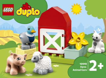 LEGO Duplo 10949 Farm Animal Care 2+: czerwona stodoła, kaczka, świnia, owca, kot na zielonej płytce.