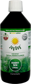 JOY DAY DOBRY SEN CHMIEL koncentrat probiotyczny, ciemna butelka, zielona etykieta z chmielem i słońcem.