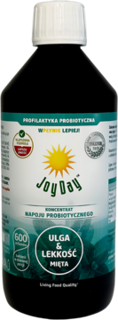 Joy Day Mięta, probiotyczny koncentrat napoju w ciemnej butelce z białym korkiem, widok z przodu.