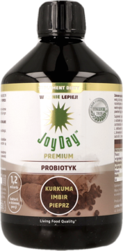 Joy Day Probiotyk Kurkuma Imbir Pieprz, ciemna butelka z białą etykietą i logo słońca, widok z przodu.