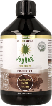 Joy Day Probiotyk Kurkuma Imbir Pieprz, ciemna butelka z białą etykietą i logo słońca, widok z przodu.