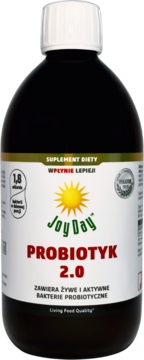 Suplement JoyDay Probiotyk 2.0 w ciemnej butelce z białą nakrętką, etykieta "Żywe bakterie probiotyczne", widok z przodu.