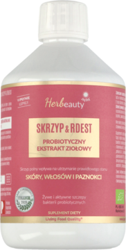 Biała butelka Herbeauty Skrzyp & Rdest, probiotyczny ekstrakt ziołowy na skórę, włosy, paznokcie, widok z przodu.
