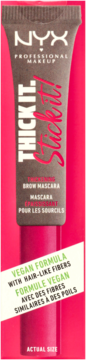 NYX Thick It! Stick It! brow mascara, brown tube with pink lettering, highlighting vegan formula, on vivid pink.