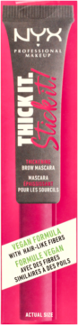 NYX Thick It Stick It! zagęszczająca maskara do brwi w ciemnoszarej tubce, na różowym opakowaniu, widok z przodu.