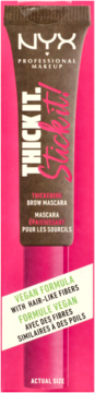 NYX Thick It Stick It! Thickening Brow Mascara, vegan formula, brown tube with pink text, front view.