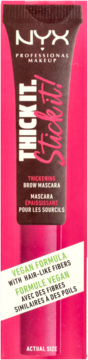 NYX Thick It. Stick It! wegańska maskara do brwi z włóknami, czarna tubka w jasnoróżowym opakowaniu.