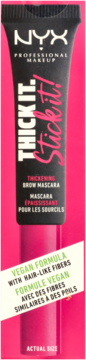NYX Thick It. Stick It! thickening brow mascara, black tube, front view on bright pink background, ACTUAL SIZE.