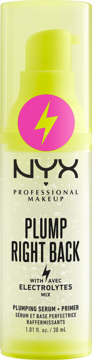 NYX Plump Right Back Plumping Serum + Primer z elektrolitami w neonowo-żółtej butelce z różowym logo pioruna.