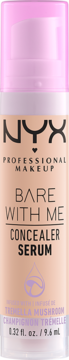 NYX Bare With Me Concealer Serum w beżowej tubce z różową pompką, widok z przodu. Zawiera tremella mushroom.