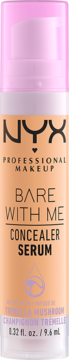 NYX Bare With Me Concealer Serum, nawilżający, w brzoskwiniowej butelce z różową pompką. Widok z przodu.