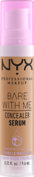 NYX Bare With Me Concealer Serum, beżowa butelka z różową pompką, front, z napisem i ikoną tremelli.