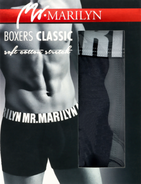 Bokserki męskie MR. MARILYN CLASSIC z miękkiej bawełny, czarne, w opakowaniu z grafiką modela i okienkiem.