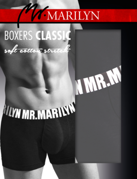 Czarne bokserki męskie Mr. Marilyn Classic z bawełny, z białym logo na pasie, widok na modela.